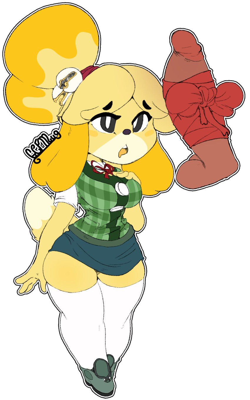 2019 alpha_channel animal_crossing anthro big_breasts blouse bottomwear breasts canid canine canis clothed clothing digital_media_(artwork) disembodied_penis domestic_dog female footwear fur gcfmug hair hi_res humanoid_penis isabelle_(animal_crossing) legwear male mammal nintendo open_mouth penis ribbons shih_tzu shoes simple_background skirt solo thick_thighs thigh_highs toy_dog transparent_background video_games wide_hips yellow_fur
