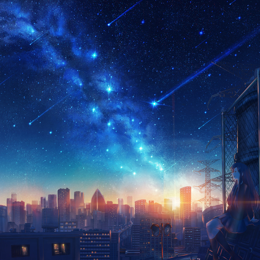 1girl arm_support building chain-link_fence city fence galaxy highres kenzo_093 kneehighs lens_flare long_hair meteor_shower milky_way mirror mode_gakuen_cocoon_tower night night_sky original power_lines profile railing rooftop scenery school_uniform shinjuku shooting_star sitting sky skyscraper solo star_(sky) sunset