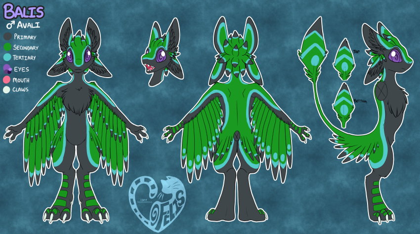 2019 3_fingers 3_toes anthro avali avian balis barefoot biped black_feathers black_tail blue_feathers blue_tail chest_tuft claws color_swatch digital_media_(artwork) digitigrade feathered_wings feathers featureless_crotch felisrandomis fingers green_feathers green_tail hi_res male model_sheet multicolored_feathers multiple_angles naturally_censored nude open_mouth purple_eyes simple_background solo standing teeth toe_claws toes tuft white_claws winged_arms wings