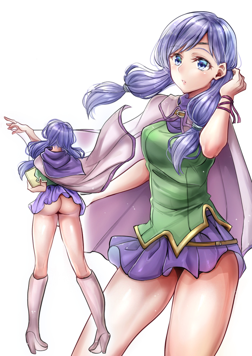 1girl ass blue_eyes book boots bottomless cape circlet commentary_request fire_emblem fire_emblem:_path_of_radiance hand_in_hair high_heel_boots high_heels highres holding holding_book ilyana long_hair looking_away looking_to_the_side low-tied_long_hair miniskirt multiple_views no_panties open_mouth purple_hair purple_skirt shiny shiny_hair simple_background skirt solo standing thighhighs thighs white_background yui_(msy1302mana)