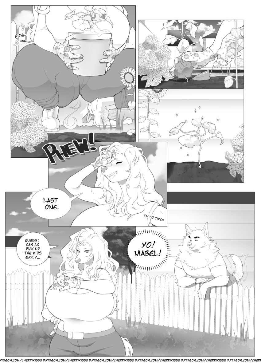 absurd_res anthro apollo_(cherrikissu) big_breasts bodily_fluids breasts canid canine canis cherrikissu clothed clothing comic crouching dialogue domestic_dog duo english_text eyes_closed female flower fluffy fully_clothed gardening hair hi_res huge_breasts hunting_dog low-angle_view mabel_(cherrikissu) male mammal monochrome neck_tuft outside plant saluki sighthound sweat text tuft wolf