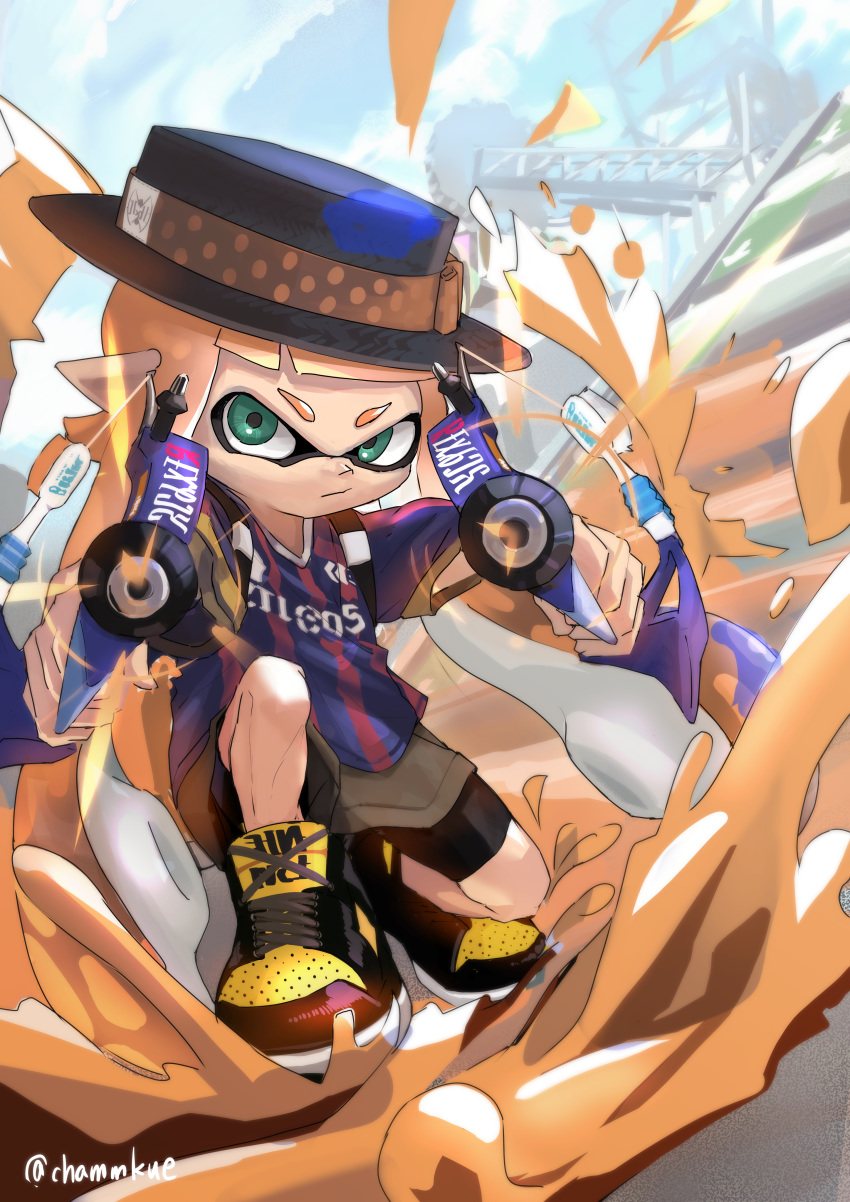absurdres bangs bike_shorts black_headwear black_shorts blue_shirt blue_sky blunt_bangs boater_hat brown_skirt chamu_(chammkue) closed_mouth cloud cloudy_sky commentary cross-laced_footwear dapple_dualies_(splatoon) day domino_mask dutch_angle firing firing_at_viewer frown green_eyes hat hat_ribbon highres holding holding_weapon inkling inkling_(language) logo long_hair looking_at_viewer mask miniskirt multicolored multicolored_stripes one_knee orange_hair outdoors paint_splatter pointy_ears red_shirt ribbon shirt shoes short_sleeves shorts skirt sky splatoon_(series) striped striped_shirt tentacle_hair twitter_username v-shaped_eyebrows vertical-striped_shirt vertical_stripes weapon yellow_footwear