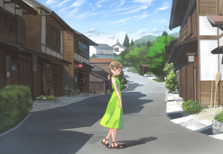 1girl bangs bare_arms bare_shoulders blue_sky broom brown_eyes brown_hair building closed_mouth cloud cloudy_sky day dress eichisu eyebrows_visible_through_hair grass green_dress hair_between_eyes house looking_at_viewer looking_to_the_side low_twintails mountain nature no_socks original outdoors road scenery shoes sign sky sleeveless sleeveless_dress solo standing street town tree twintails