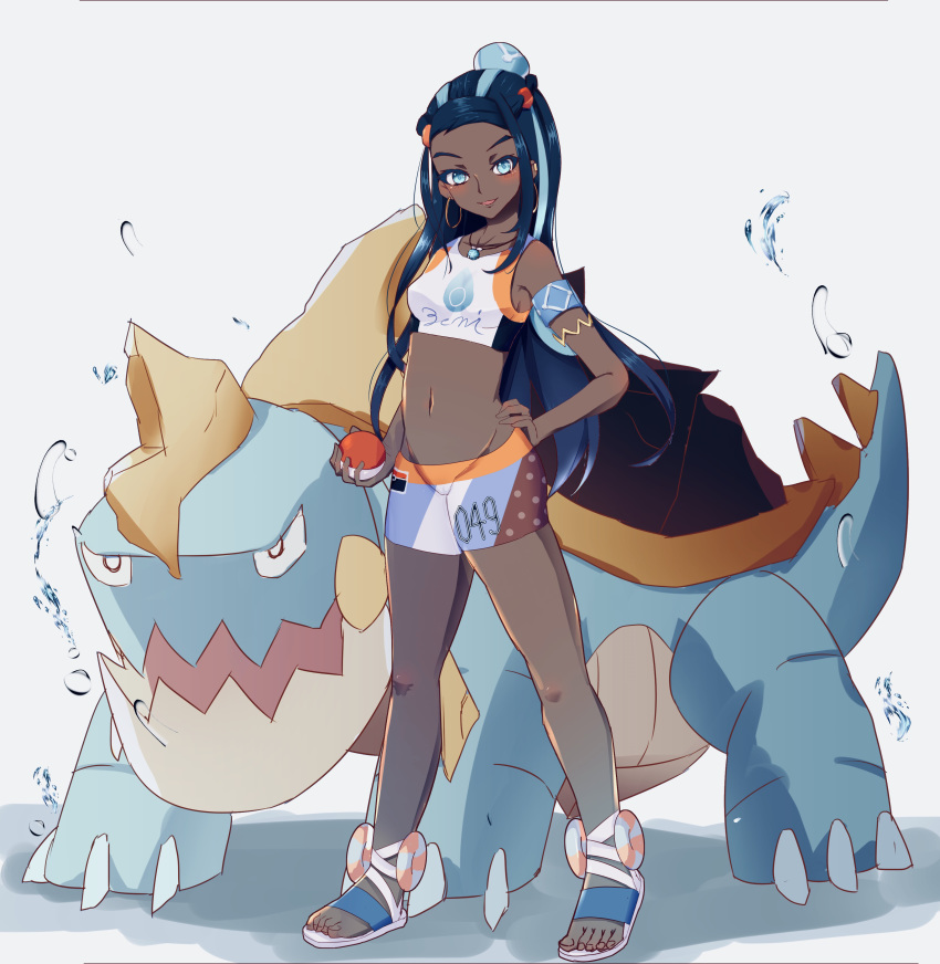 2019 3_toes 5_fingers 5_toes absurd_res ambiguous_gender armband armlet bare_shoulders belly_scales biped black_hair blue_eyes blue_hair blue_highlights blue_scales blue_tail blush bottomwear breasts brown_skin bubble cheek_spots claws clothing collarbone cool_colors crop_top dark_skin drednaw duo ear_piercing ear_ring eyebrows eyelashes feet female feral fingers footwear full-length_portrait gold_(metal) gold_jewelry gym_leader hair hair_bun hair_highlights hand_on_hip hi_res holding_object holding_pok&eacute;ball human humanoid_feet humanoid_hands jagged_mouth jewelry larger_female larger_human light lighting long_hair looking_at_viewer mammal midriff multicolored_hair multicolored_scales nails navel necklace nessa_(pok&eacute;mon) nintendo open_mouth open_smile piercing plantigrade pok&eacute;ball pok&eacute;mon pok&eacute;mon_(species) portrait quadruped reptile sandals scales scalie shadow shell shirt shorts simple_background size_difference small_breasts smaller_ambiguous smaller_feral smile spiked_tail standard_pok&eacute;ball standing tan_scales tight_clothing toe_claws toenails toes topwear two_tone_hair two_tone_scales video_games white_background white_claws yellow_cheeks ニャメ