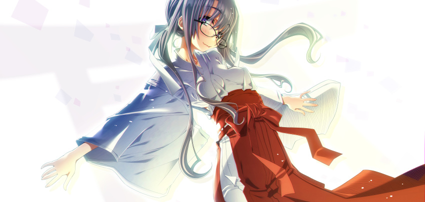 1girl absurdres bangs blue_eyes blush breasts chromatic_aberration closed_mouth collarbone eyebrows_visible_through_hair freckles glasses hair_between_eyes hair_ribbon hakama head_tilt highres japanese_clothes kimono lips long_hair long_sleeves looking_at_viewer low_twintails miko original outstretched_arms purple_hair red_hakama ribbon sakuya_tsuitachi sidelocks simple_background smile solo spread_arms standing twintails wide_sleeves