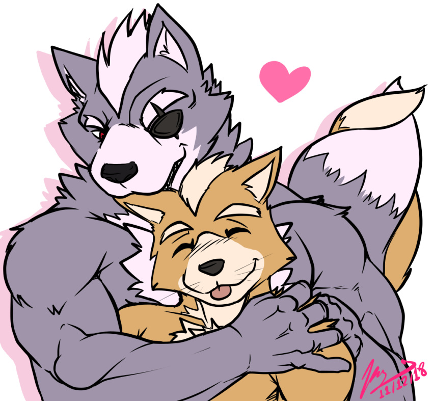 &lt;3 2018 anthro big_muscles bite black_nose canid canine canis duo ear_bite eye_patch eyewear flammars fox fox_mccloud fur grey_fur male male/male mammal muscular muscular_male neck_tuft nintendo romantic romantic_couple scar signature simple_background size_difference star_fox tuft video_games white_background wolf wolf_o'donnell