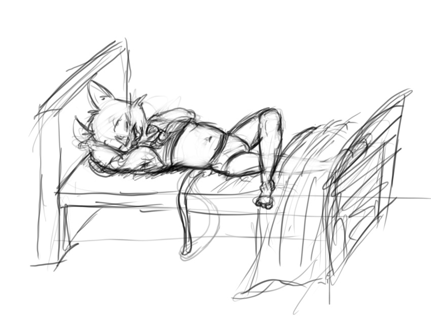 animal_crossing armpit_hair bed bodily_fluids clothing domestic_cat drooling felid feline felis fluffy mammal nintendo rover_(animal_crossing) saliva shirt sketch sleeping topwear tweecredo underwear video_games