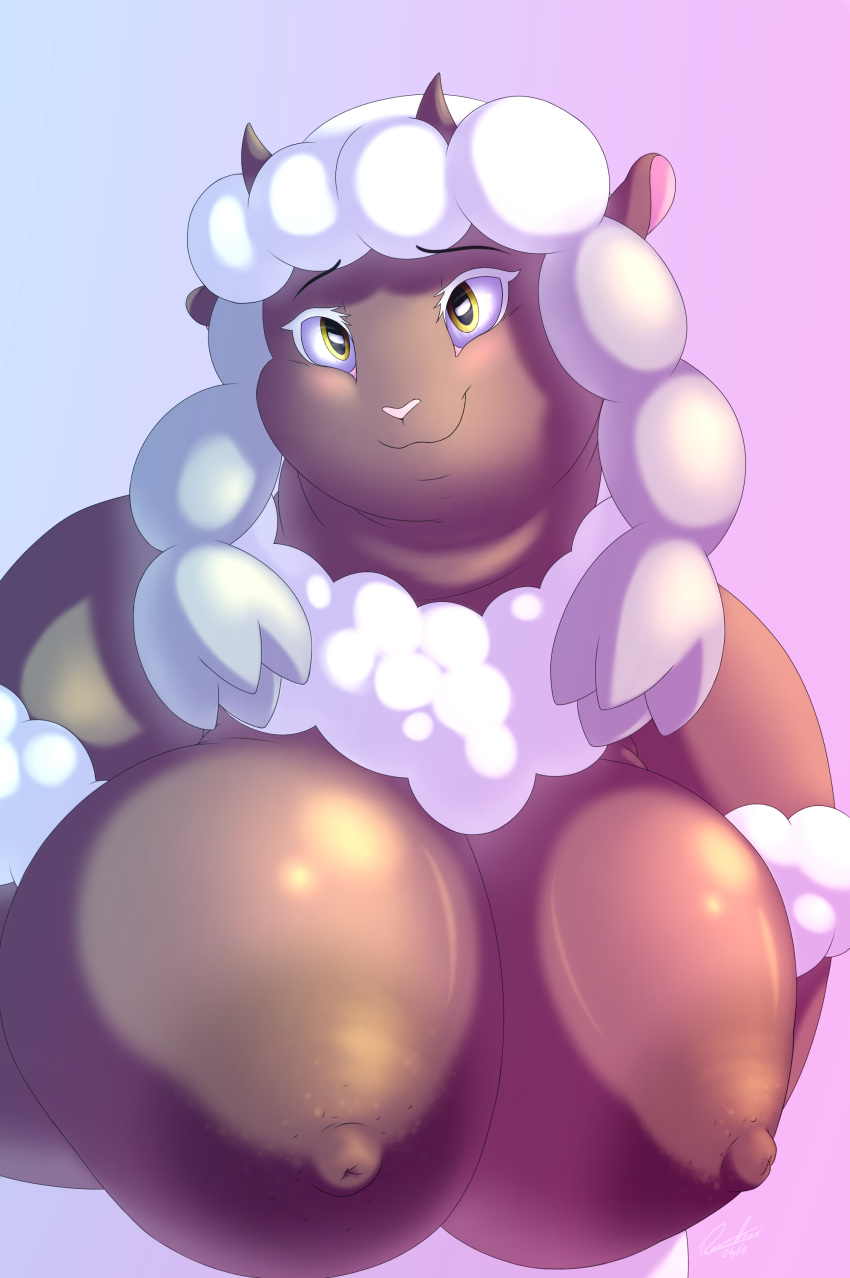 2019 absurd_res anthro anthrofied areola arm_tuft big_areola big_breasts blush bovid braided_hair breast_rest breasts brown_skin bust_portrait caprine dark_skin digital_media_(artwork) eyelashes female fur hair hi_res holding_breast horizontal_pupils horn huge_breasts mammal neck_tuft nintendo nipples overweight overweight_female pigtails pink_nose pok&eacute;mon pok&eacute;mon_(species) pok&eacute;morph portrait presenting presenting_breasts ranthfox smile solo tuft twin_braids video_games wool_(fur) wooloo yellow_eyes