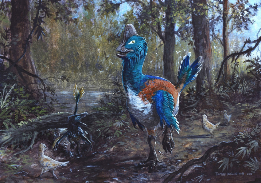 2018 acheroraptor ambiguous_gender anzu_(dinosaur) biped blue_feathers blue_wings caenagnathid detailed_background dinosaur dirt dromaeosaurid eudromaeosaurian feathered_dinosaur feathered_wings feathers feral forest group hi_res larger_ambiguous larger_feral multicolored_feathers orange_feathers reptile scalie signature size_difference sky smaller_ambiguous smaller_feral theropod traditional_media_(artwork) tree tuomas_koivurinne water white_feathers wings