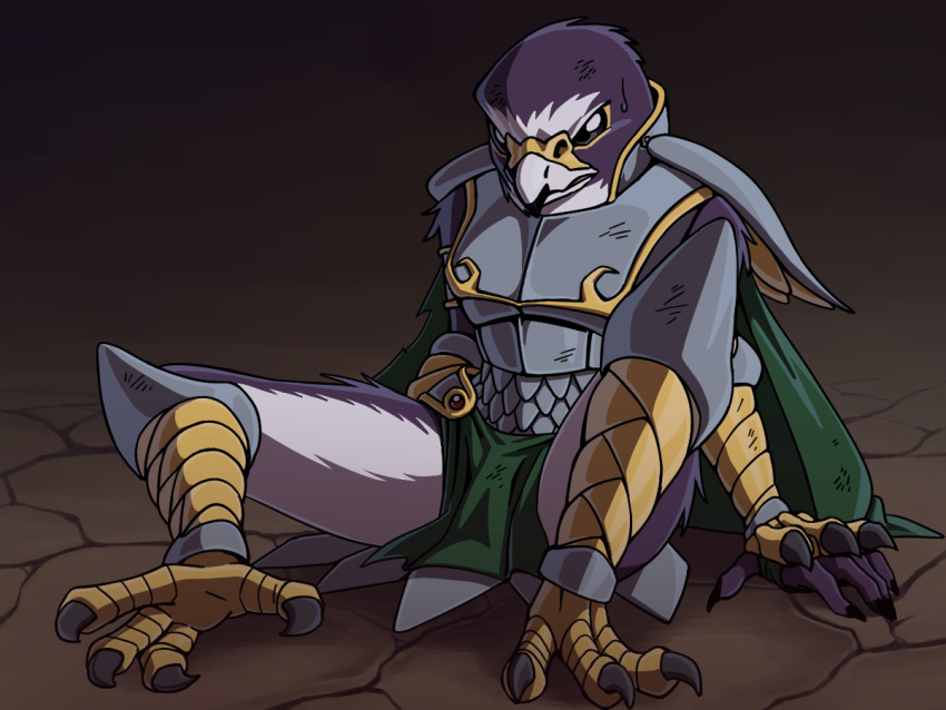 4:3 5_fingers anthro armor avian beak bird bird_feet black_beak black_talons bodily_fluids breastplate cape clothing dipstick_beak feathers fingers green_cape green_clothing hayabusa_knight katahane3 konami loincloth male multicolored_beak on_ground purple_feathers scuted_arms scutes shoulder_guards spread_legs spreading sweat sweatdrop talons white_beak yu-gi-oh