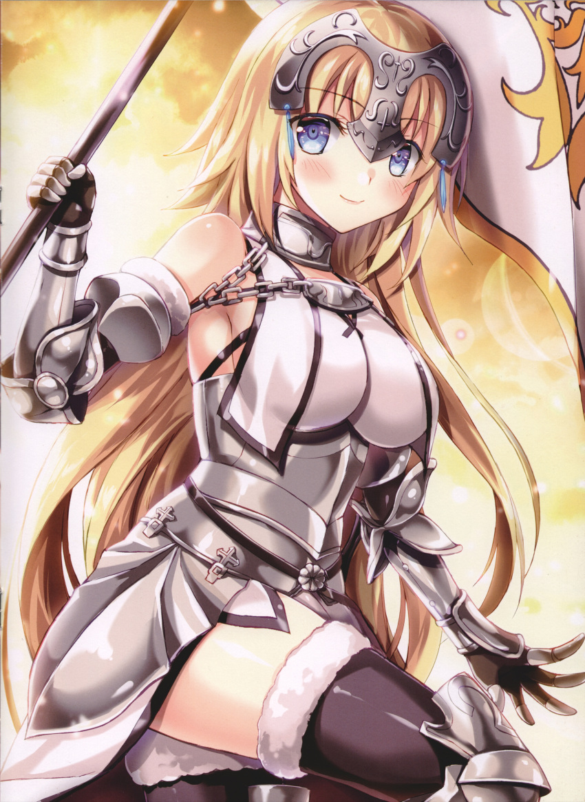 1girl absurdres armor armored_boots armored_dress banner black_legwear blonde_hair blue_eyes blush boots breasts breasts_apart chain day dress eyebrows_visible_through_hair fate/apocrypha fate_(series) floating_hair fukase_ayaka fur_trim gauntlets hair_ornament highres holding holding_weapon jeanne_d'arc_(fate) jeanne_d'arc_(fate)_(all) large_breasts leg_up long_hair looking_at_viewer outdoors scan shiny shiny_skin sideboob sleeveless sleeveless_dress smile solo thighhighs very_long_hair weapon white_dress