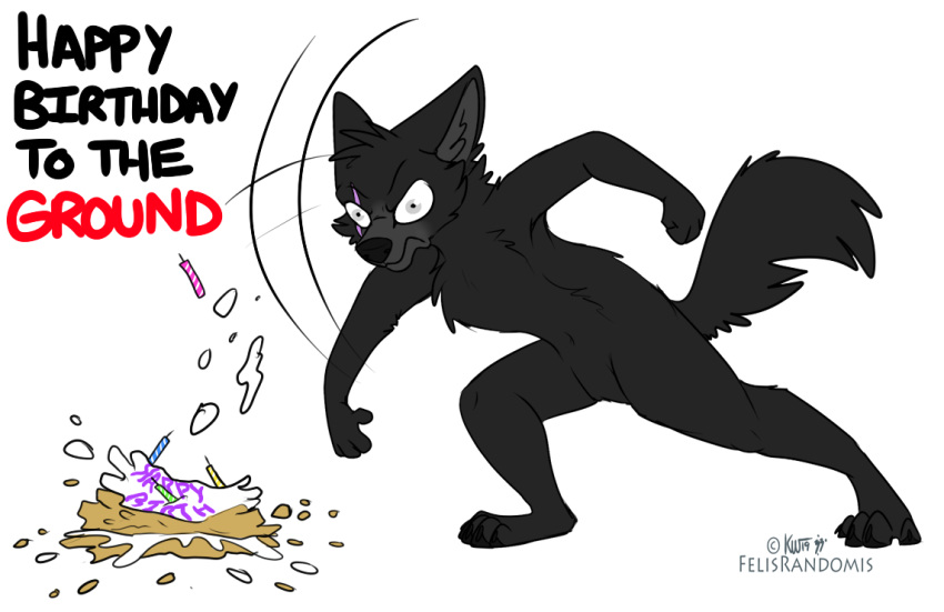 2019 4_fingers 4_toes alpha_channel angry anthro barefoot biped birthday_cake black_claws black_fur black_nose black_tail blue_eyes cake canid canine canis claws digital_media_(artwork) english_text eye_scar facial_scar featureless_crotch felisrandomis fingers food frown fur gavant head_tuft male mammal naturally_censored nude scar signature simple_background solo text toe_claws toes transparent_background wolf