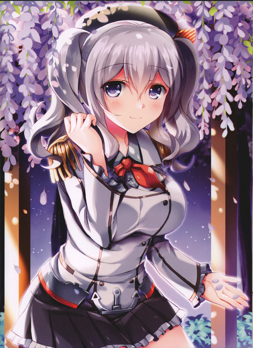 1girl absurdres blue_eyes breasts closed_mouth epaulettes frilled_sleeves frills fukase_ayaka highres kantai_collection kashima_(kantai_collection) kerchief large_breasts lips long_hair looking_at_viewer military military_uniform petals scan silver_hair smile solo twintails uniform wavy_hair