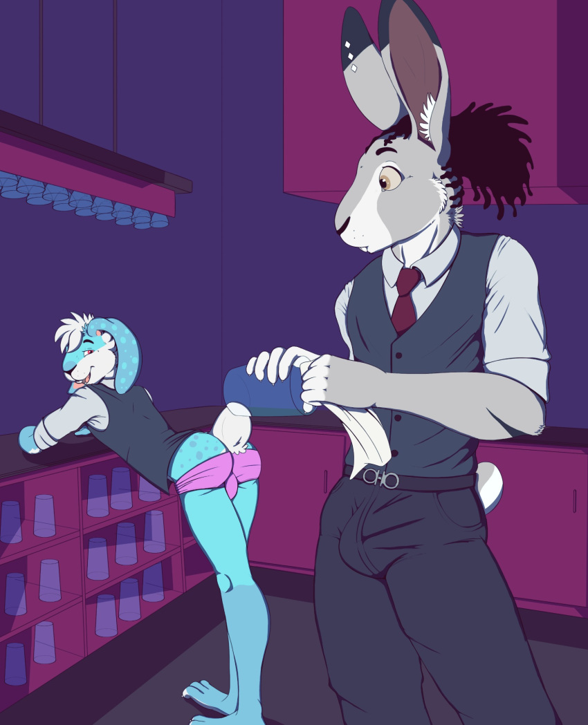 bar belt black_hair bucklebunny bulge butt clothed clothing drax_(amorythehyena) dreadlocks ear_piercing hair hare hi_res lagomorph leporid male male/male mammal partially_clothed piercing presenting presenting_hindquarters rabbit rashad_(ocas) small_tail suit underwear