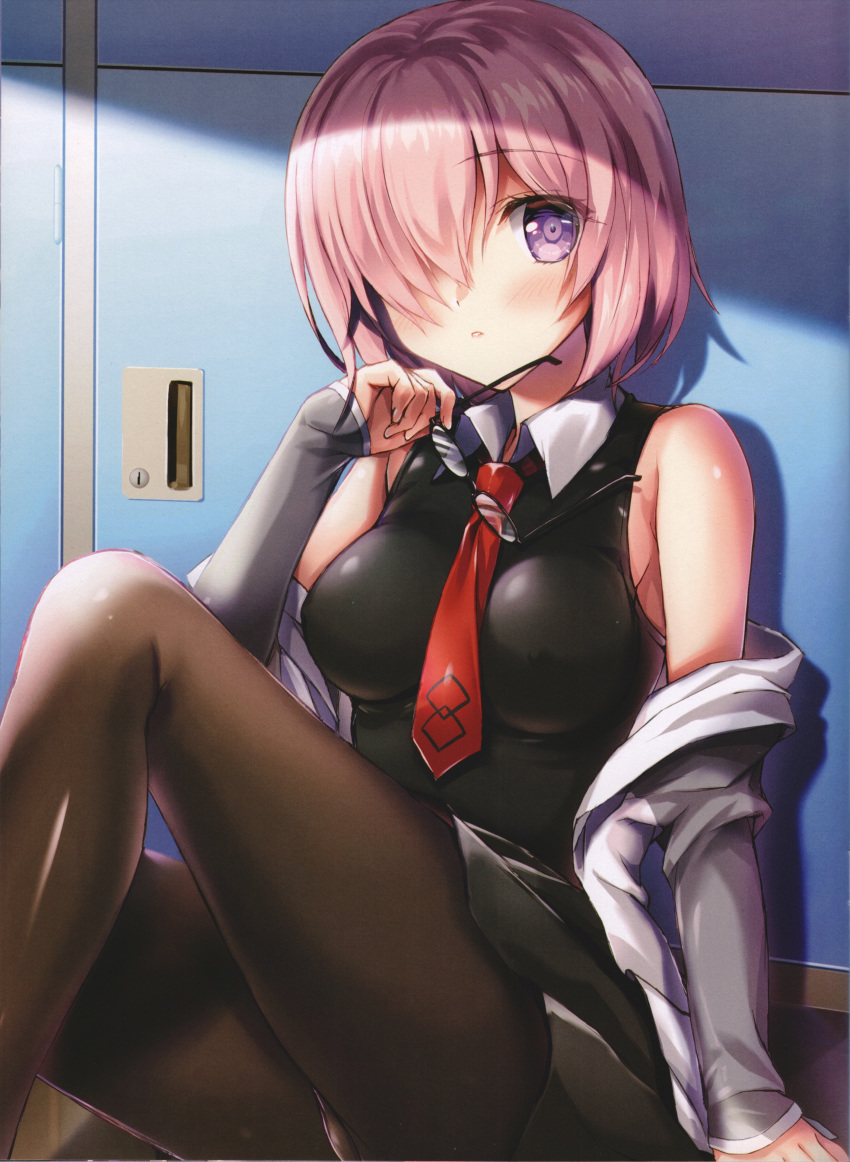 1girl absurdres bare_shoulders black-framed_eyewear black_dress black_legwear breasts dress eyewear_removed fate/grand_order fate_(series) fukase_ayaka glasses hair_over_one_eye highres holding holding_eyewear jacket looking_at_viewer mash_kyrielight medium_breasts necktie open_mouth pantyhose purple_eyes purple_hair scan short_hair sitting sleeveless sleeveless_dress solo