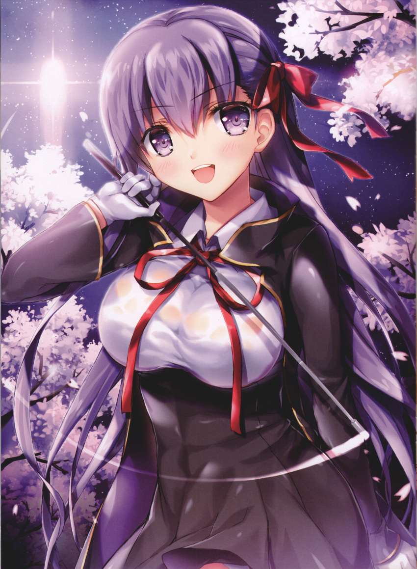 1girl absurdres bangs bb_(fate)_(all) blush bow breasts cherry_blossoms dress eyebrows_visible_through_hair fate/extra fate/extra_ccc fate/grand_order fate_(series) fukase_ayaka gloves hair_bow highres holding large_breasts long_sleeves night night_sky open_mouth outdoors purple_eyes purple_hair red_bow scan shiny shiny_hair short_dress sky smile solo star_(sky) starry_sky tree tree_branch white_gloves