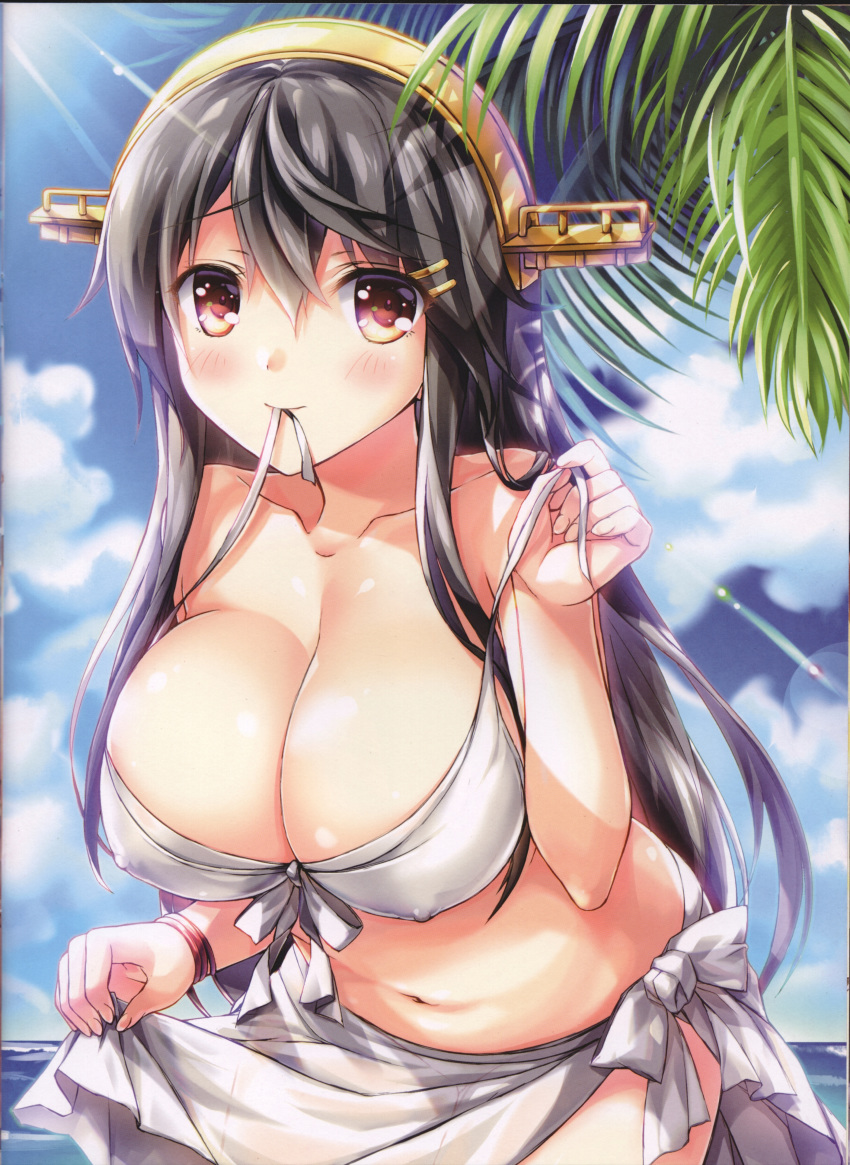 1girl absurdres bikini black_hair breasts brown_eyes cleavage covered_nipples diffraction_spikes fukase_ayaka hair_ornament hairband hairclip haruna_(kantai_collection) headgear highres kantai_collection large_breasts leaning_forward long_hair mouth_hold navel nontraditional_miko ocean palm_tree remodel_(kantai_collection) sarong scan solo swimsuit tree