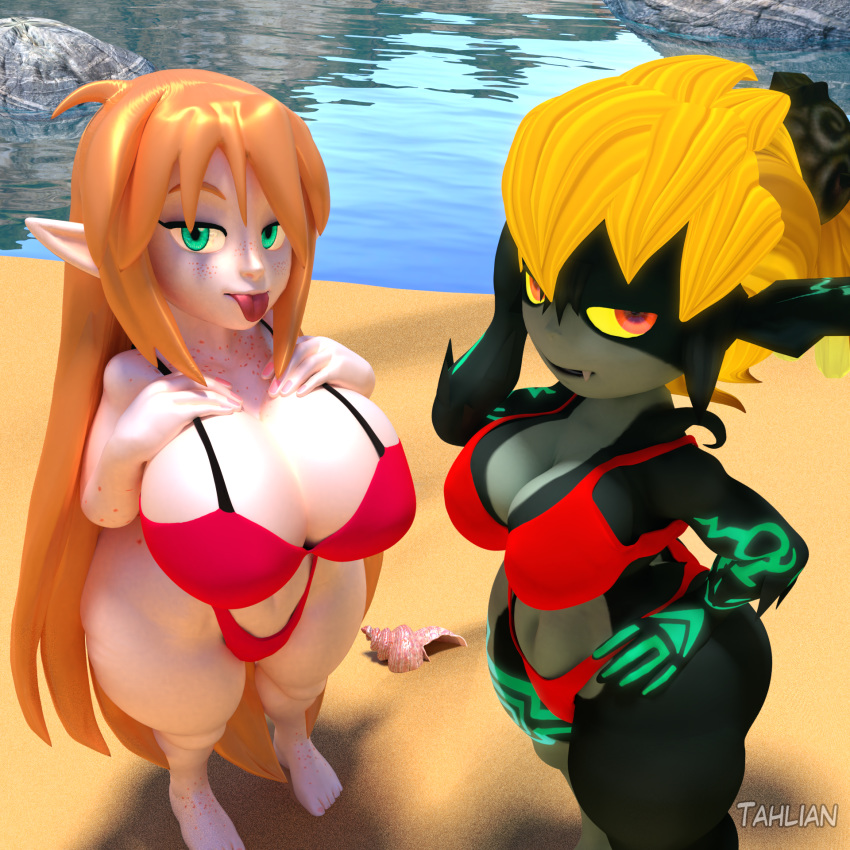 1:1 2019 3d_(artwork) beach big_breasts big_butt bikini breasts butt cleavage clothed clothing digital_media_(artwork) duo elf felicia_(tahlian) female freckles green_eyes hair hand_on_chest hand_on_head hand_on_hip hi_res humanoid humanoid_pointy_ears long_hair looking_at_viewer midna nintendo not_furry orange_hair outside red_eyes seaside short_stack swimwear tahlian teeth the_legend_of_zelda thick_thighs tongue tongue_out twili twilight_princess video_games wide_hips