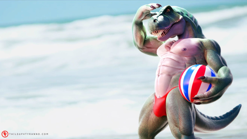16:9 abs alternate_version_at_source anthro ball beach_ball biceps bulge claws clothed clothing digital_media_(artwork) dinosaur hi_res male muscular nipples open_mouth outside pecs reptile scalie solo standing tailsup4tyranno teeth text theropod thong tyrannosaurid tyrannosaurus tyrannosaurus_rex underwear url water yellow_sclera