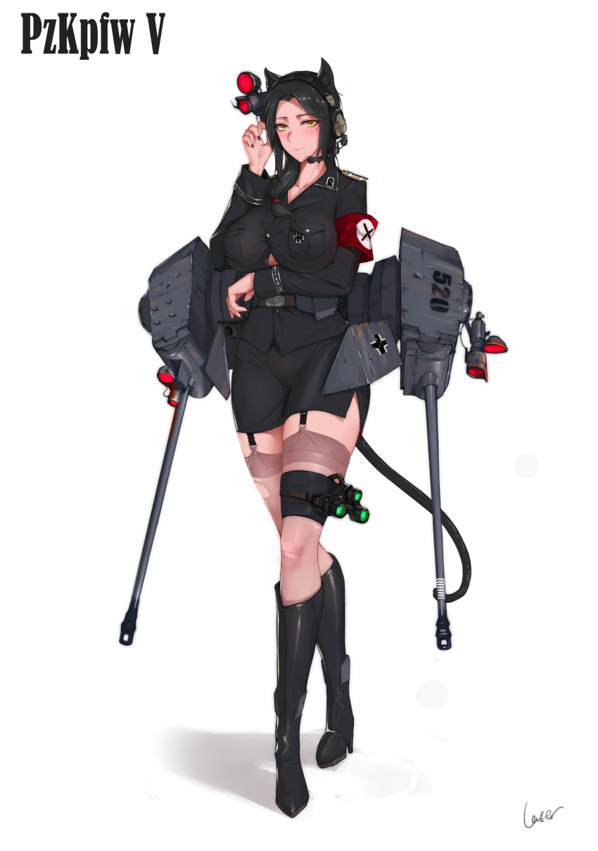 1girl absurdres animal_ears armband belt black_footwear black_hair black_nails black_shirt black_skirt boots breasts cannon cat_ears cat_girl cat_tail commentary_request full_body garter_straps ground_vehicle hair_over_shoulder high_heel_boots high_heels highres large_breasts long_hair long_sleeves mecha_musume military military_uniform military_vehicle miniskirt mole mole_under_eye motor_vehicle night_vision_device original panzerkampfwagen_panther pencil_skirt personification rosaline see-through shirt skirt solo tail tank thigh_strap thighhighs thighs turret uniform world_war_ii yellow_eyes