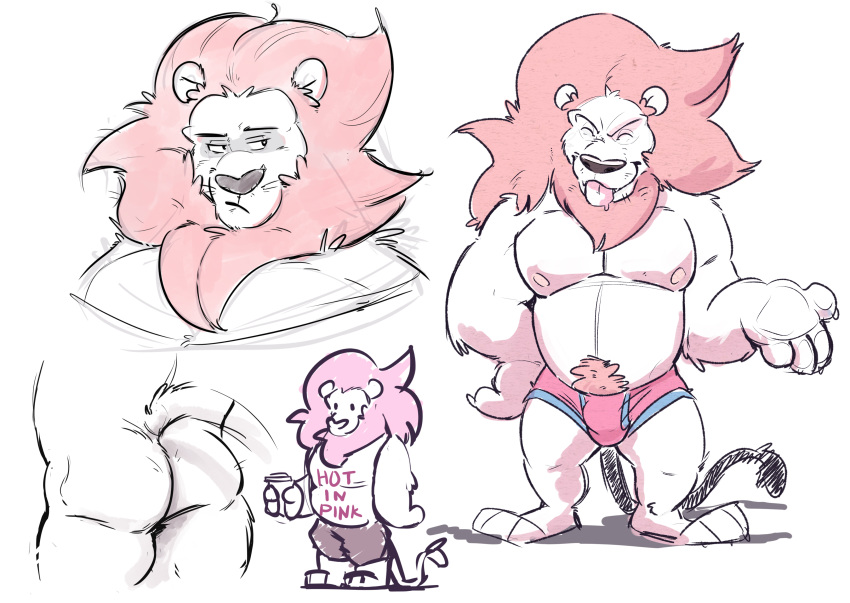2017 absurd_res anthro anthrofied beverage black_nose bottomless bottomwear brown_mane bulge butt cartoon_network clothed clothing cup digital_media_(artwork) english_text eyes_closed felid front_view fur half-closed_eyes haps hi_res holding_object lion lion_(steven_universe) looking_away male mammal mane multiple_poses muscular muscular_male nipples pantherine pecs pink_mane pose pubes rear_view shirt shorts simple_background smile solo standing steven_universe tail_tuft text tongue tongue_out topless topwear tuft underwear white_background
