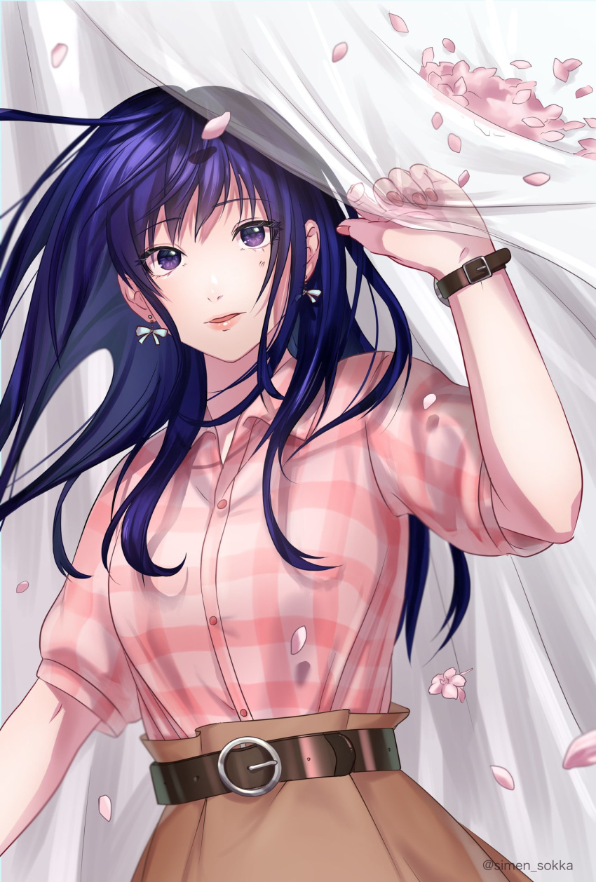 1girl belt blue_hair brown_skirt cherry_blossoms curtains earrings hand_up highres jewelry long_hair looking_at_viewer open_mouth pink_shirt plaid plaid_shirt purple_eyes saiki_kusuo_no_psi_nan shirt simen_sokka skirt solo standing teruhashi_kokomi twitter_username watch wristwatch