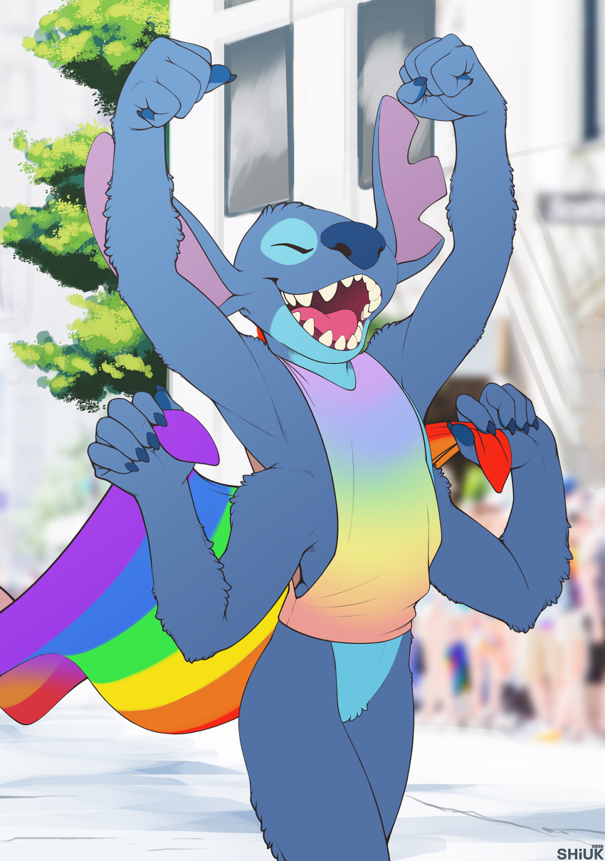 2019 4_arms 5_fingers 6/26 absurd_res alien anthro anthrofied blue_claws blue_fur blue_nose bottomless claws clothed clothing crotch_tuft disney experiment_(species) eyes_closed featureless_crotch fingers fur hi_res lgbt_history_month lgbt_pride lilo_and_stitch male multi_arm multi_limb multicolored_clothing multicolored_shirt multicolored_topwear notched_ear open_mouth open_smile outside pink_tongue pride_colors rainbow_clothing rainbow_flag rainbow_flag_(pride) rainbow_shirt rainbow_symbol rainbow_topwear raised_arm shirt shiuk sleeveless_shirt smile solo stitch tongue topwear