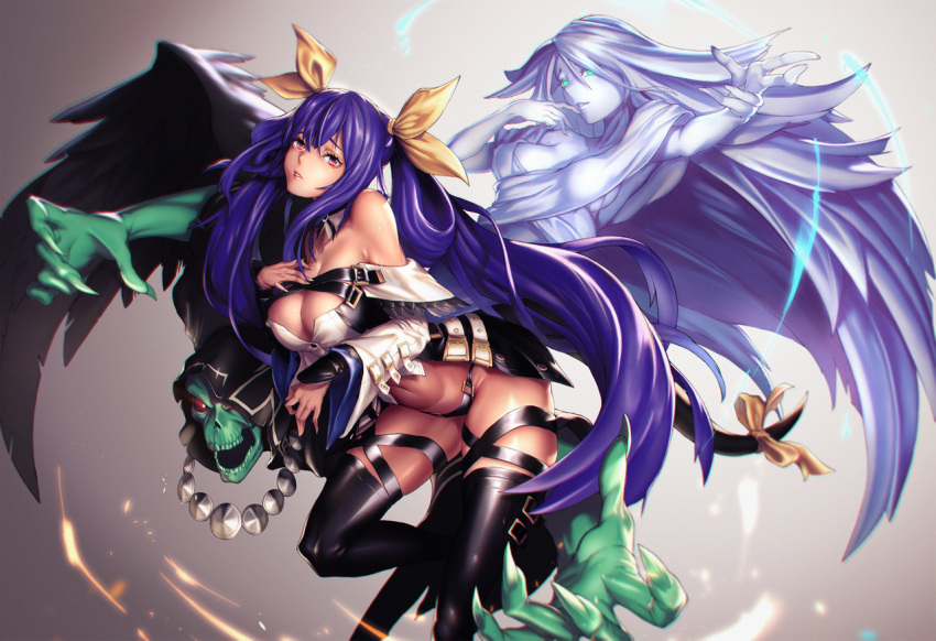 1girl asymmetrical_wings bare_shoulders black_legwear black_panties blue_hair breasts detached_collar detached_sleeves dizzy extra_arms guilty_gear hair_ribbon hair_rings large_breasts leaning_forward long_hair looking_at_viewer navel necro_(guilty_gear) panties platinum_disco red_eyes ribbon shiny shiny_skin solo stomach sweat tail tail_ribbon thick_thighs thigh_strap thighhighs thighs underwear undine_(guilty_gear) very_long_hair wings