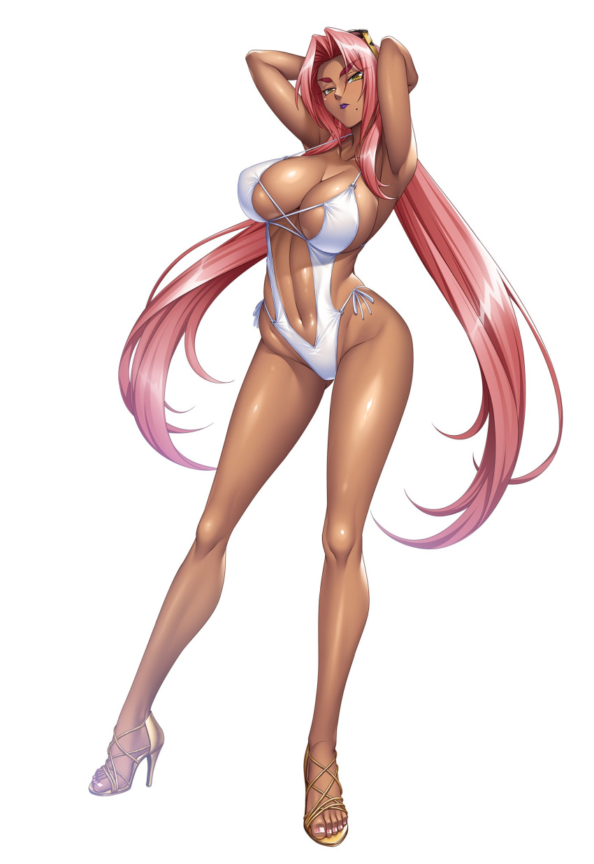 1girl absurdres arms_up bangs bare_arms breasts closed_mouth collarbone dark_skin eyebrows_visible_through_hair eyewear_on_head high_heels highleg highleg_swimsuit highres ingrid_(taimanin_murasaki) kagami_hirotaka large_breasts lips lipstick long_hair makeup mole mole_under_mouth navel official_art one-piece_swimsuit pink_hair purple_lips sandals shiny shiny_hair shiny_skin simple_background solo standing stomach swimsuit taimanin_(series) taimanin_asagi_kessen_arena thighs toenail_polish toenails toes white_background white_swimsuit yellow_eyes
