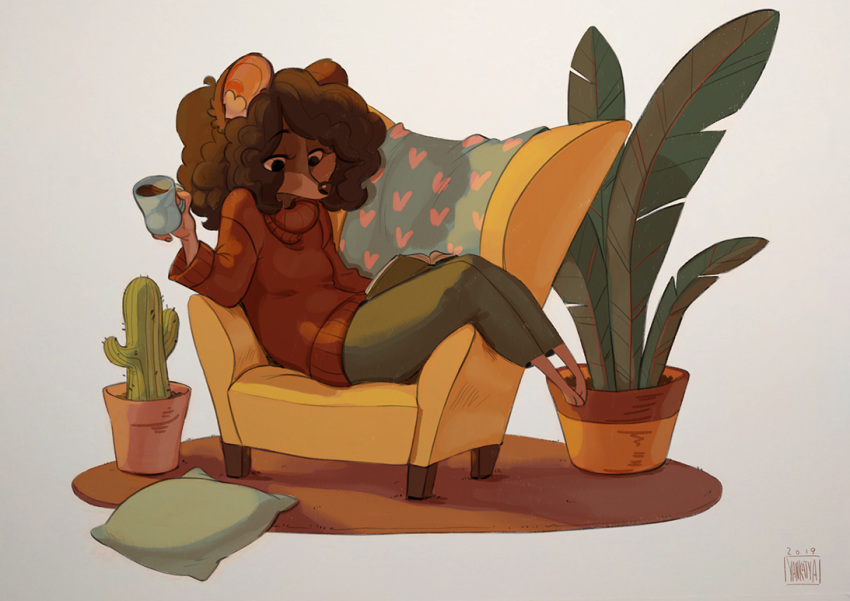 2019 anthro barefoot beverage book breasts brown_hair cactus chair clothing durtyanko female hair mammal margaret_fields mice_tea mouse murid murine pillow rodent simple_background sitting solo sweater tea topwear white_background