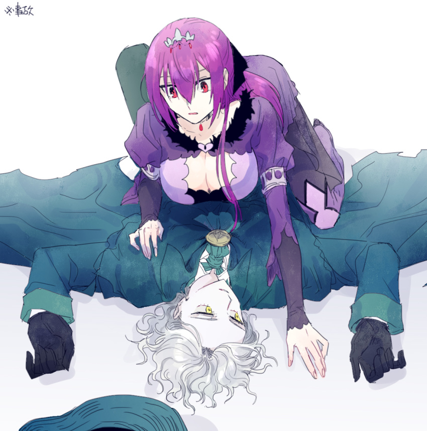 1boy 1girl bangs black_gloves blush breasts cleavage cloak dress edmond_dantes_(fate/grand_order) embarrassed fate/grand_order fate_(series) fedora fukusuu_(zeonms_06s) fur_trim gloves hat hat_removed headwear_removed large_breasts lucky_pervert pinned purple_dress purple_hair scathach_(fate)_(all) scathach_skadi_(fate/grand_order) surprised wavy_hair white_hair yellow_eyes