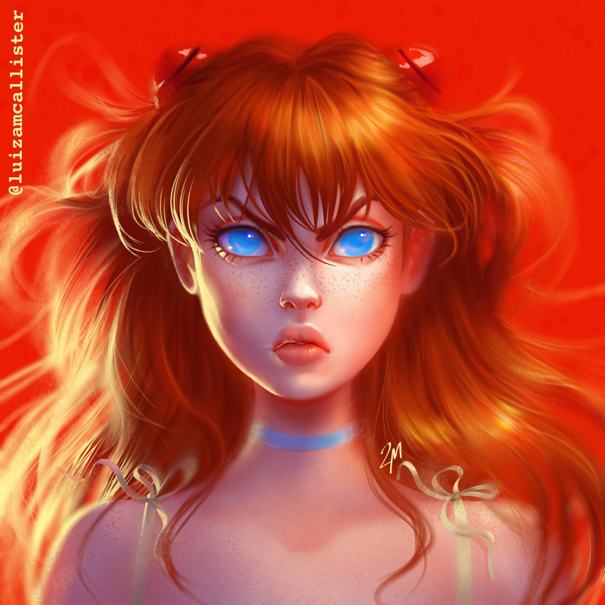 2minds asuka blue_eyes choker freckles headgear highres neon_genesis_evangelion orange_hair souryuu_asuka_langley strap