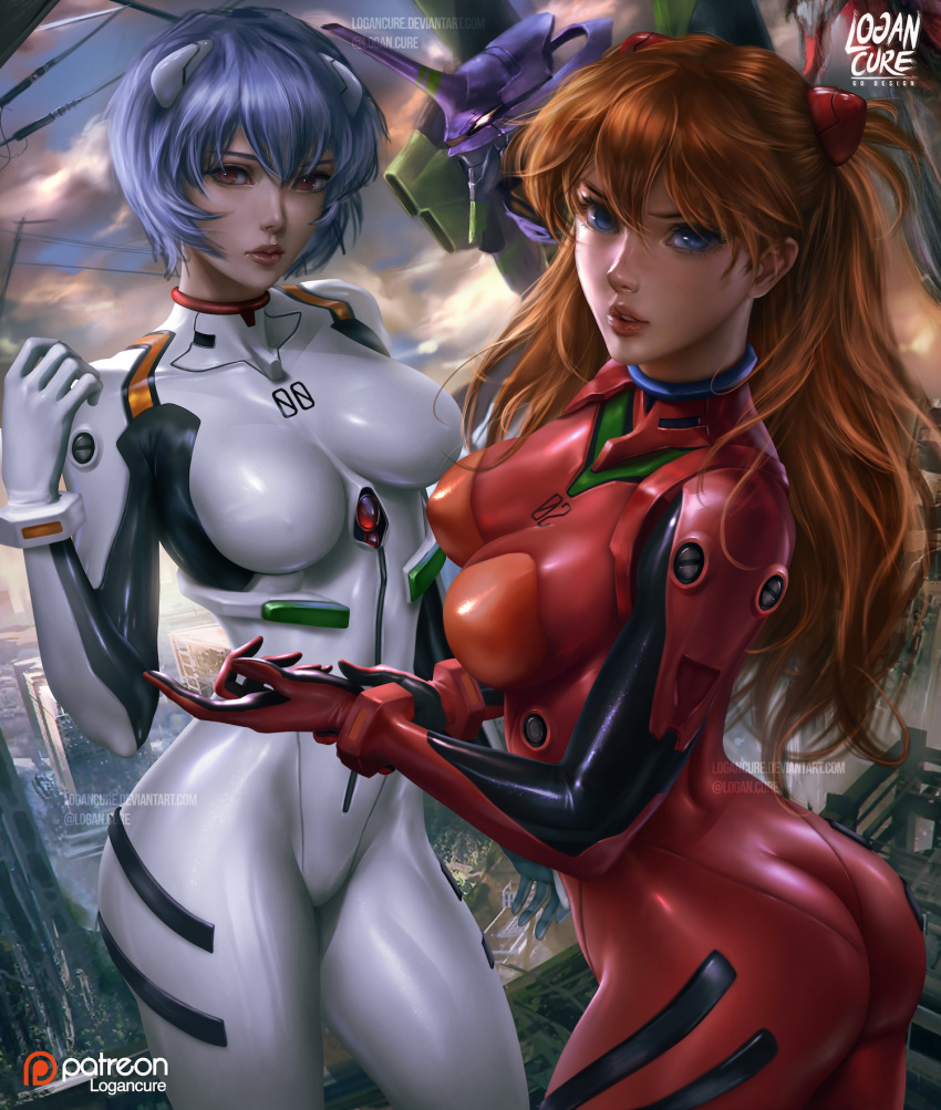 2girls ass ayanami_rei blue_eyes blue_hair blush bodysuit breasts cloud eva_01 from_behind highres lips logan_cure looking_at_viewer looking_back medium_breasts multiple_girls neon_genesis_evangelion number orange_hair outdoors pilot_suit plugsuit red_bodysuit red_eyes shiny shiny_clothes shiny_hair short_hair skin_tight souryuu_asuka_langley standing turtleneck white_bodysuit