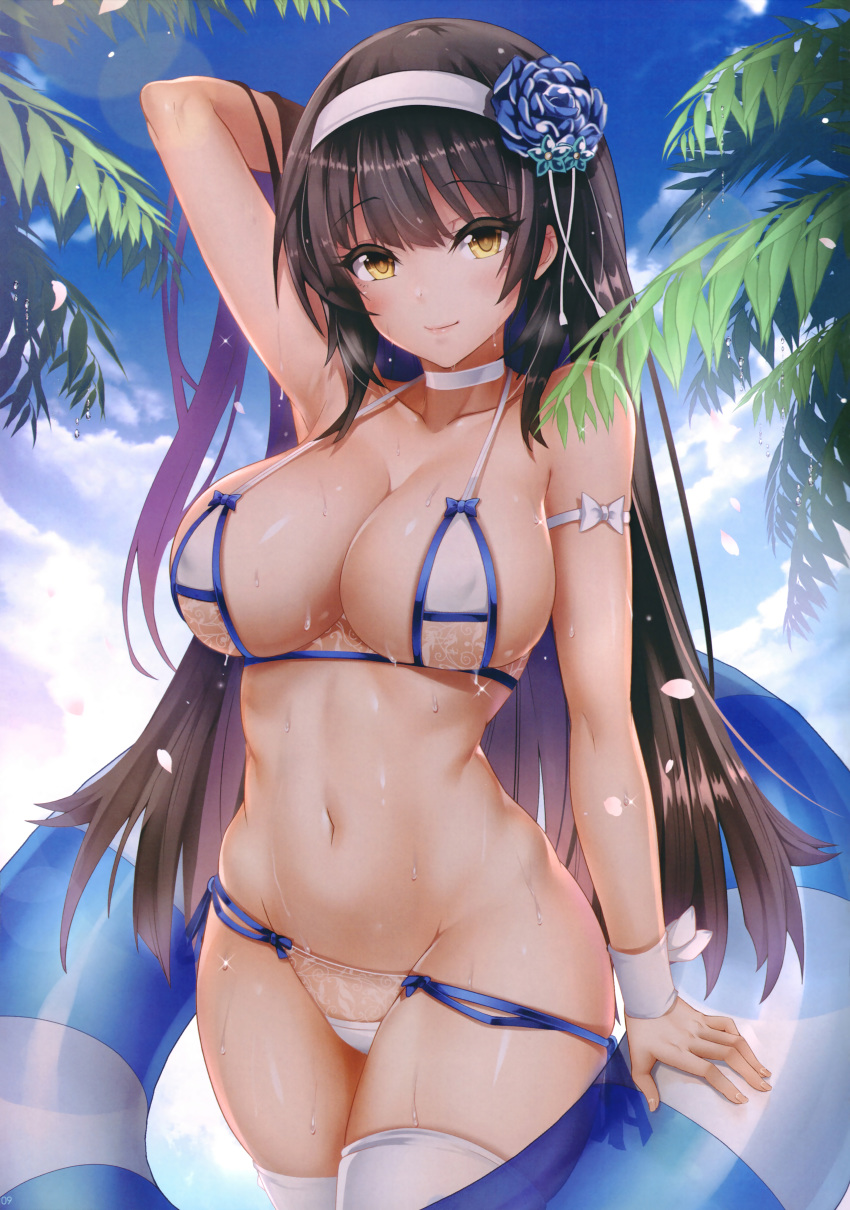 1girl absurdres arm_behind_head arm_up armpits bangs bare_shoulders bikini black_hair blue_sky blush breasts choker cleavage closed_mouth cloud cloudy_sky collarbone cowboy_shot day eyebrows_visible_through_hair flower girls_frontline hair_flower hair_ornament hairband highres innertube large_breasts lips long_hair looking_at_viewer navel oni-noboru outdoors palm_leaf palm_tree petals qbz-95_(girls_frontline) scan shiny shiny_skin sky smile solo stomach sweat sweatdrop swimsuit thighhighs thighs tree white_bikini white_legwear yellow_eyes