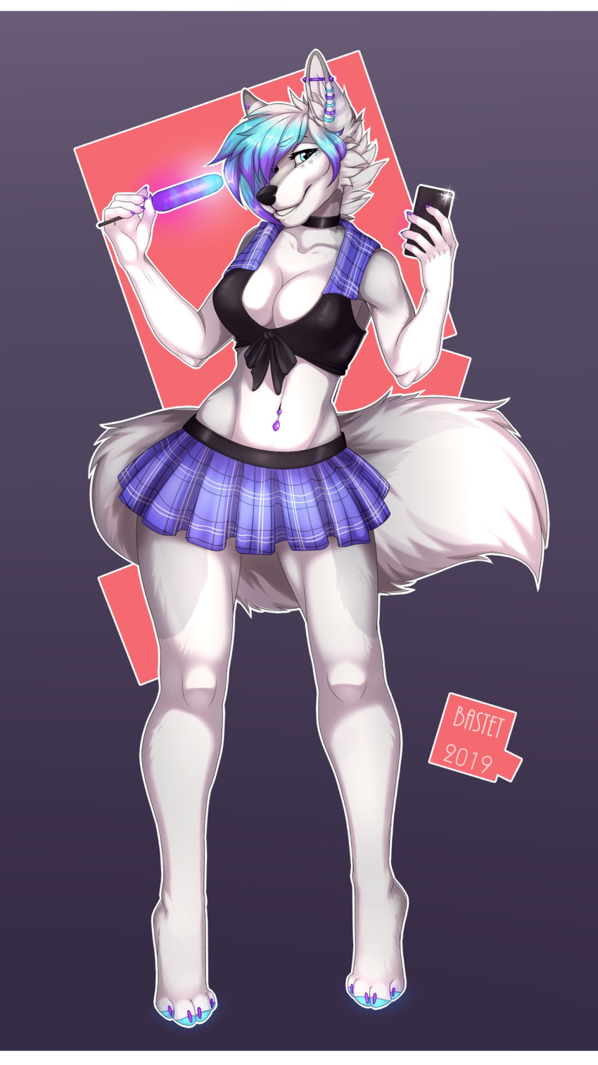 2019 5_fingers anthro bastika blue_eyes blue_hair bottomwear breasts canid canine canis clothed clothing digital_media_(artwork) female fingers hair hi_res looking_at_viewer mammal midriff navel simple_background skirt smile solo wolf