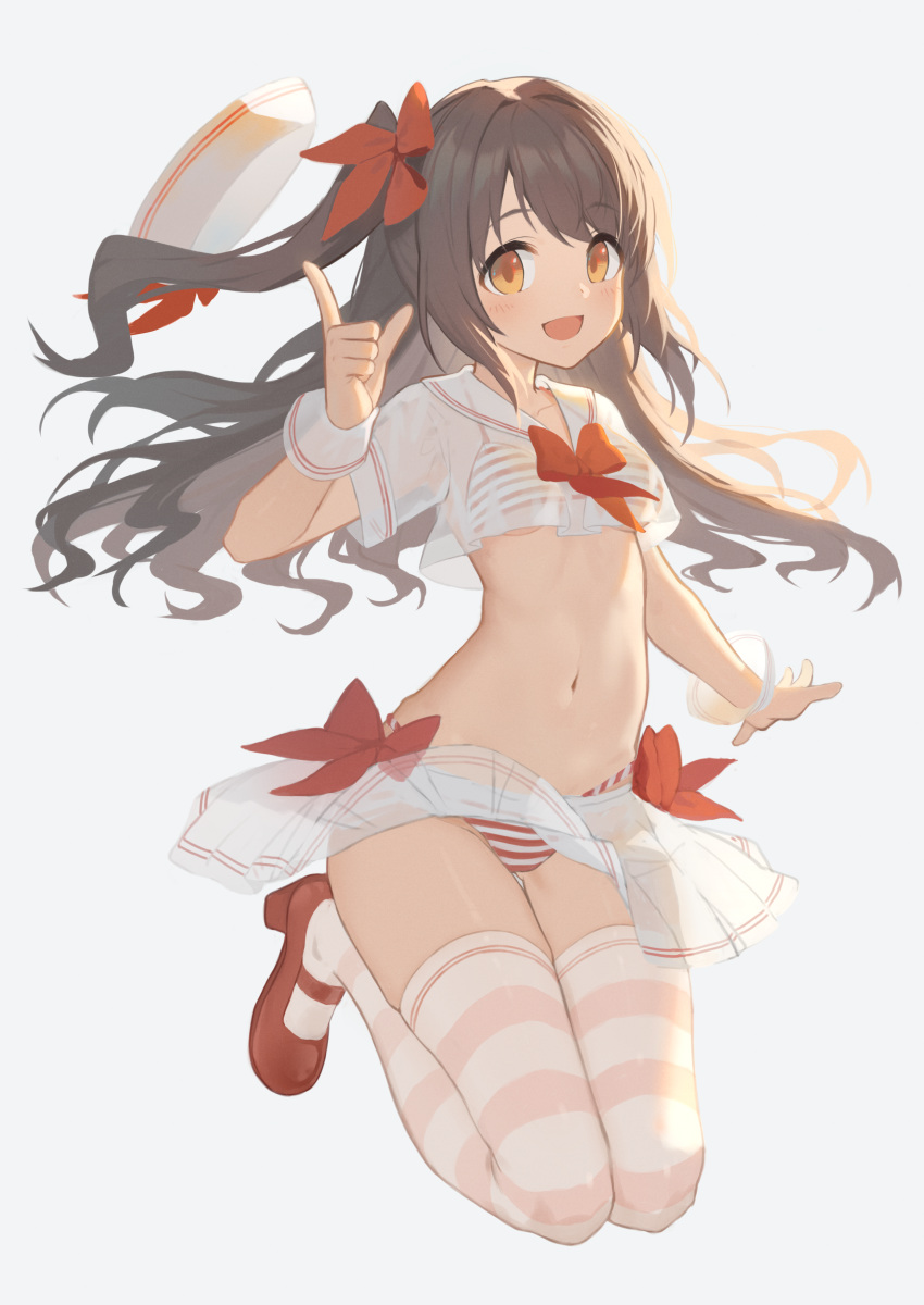 1girl absurdres bangs bikini blush brown_eyes brown_hair crop_top eyebrows_visible_through_hair hat highres idolmaster idolmaster_cinderella_girls long_hair looking_at_viewer mary_janes navel one_side_up open_mouth red_footwear sailor_collar sailor_hat see-through shimamura_uzuki shoes skirt solo striped striped_bikini striped_legwear swimsuit thighhighs white_background wrist_cuffs yuri_shoutu