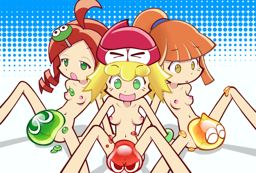 3girls amitie amitie_(puyopuyo) andou_ringo angry arle_nadja blonde_hair bracelet breasts expressions eyebrows eyebrows_visible_through_hair eyes_closed female female_focus female_only green_eyes group hair happy hat legs looking_down looking_pleasured navel nipples nude nude_female open_mouth orange_hair pussy puyo_(puyopuyo) puyo_puyo puyopuyo red_hair see-through sega sitting slime tongue torrentialkake vagina video_games worried yellow_eyes