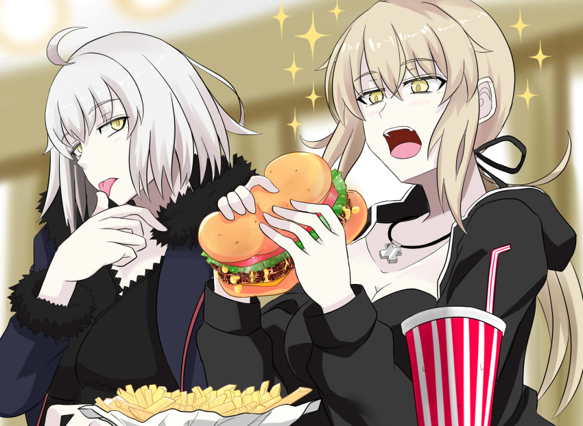 2girls ahoge artoria_pendragon_(all) blonde_hair breasts cleavage commentary_request cross cross_necklace cup drinking_straw eating fate/grand_order fate_(series) finger_licking food french_fries hamburger highres jeanne_d'arc_(alter)_(fate) jeanne_d'arc_(fate)_(all) jewelry lettuce licking long_hair multiple_girls necklace open_mouth rakku_(10219563) saber_alter sidelocks silver_hair sparkle tomato yellow_eyes
