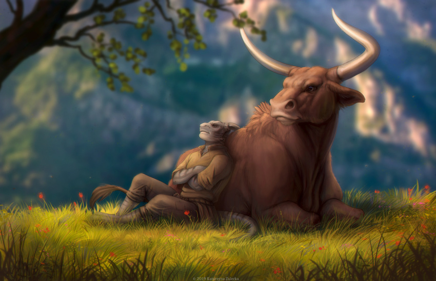2019 anthro bovid bovine brown_fur cattle clothed clothing day detailed_background digital_media_(artwork) duo easkull fur grass horn male mammal outside sitting sythgara