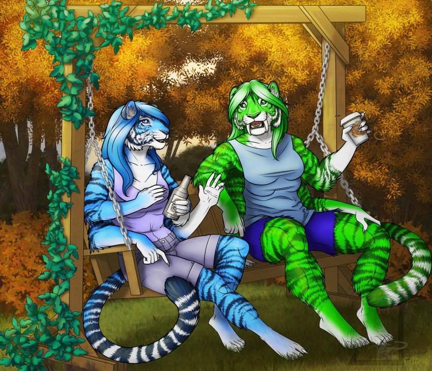 2016 anthro bench blue_eyes blue_fur blue_hair bottle bottomwear breasts claws clothing coffee_cup cutoffs denim denim_clothing denim_shorts duo fangs felid female fur giada grass green_eyes green_fur green_hair hair long_hair mammal multi_arm multi_breast multi_limb open_mouth outside pantherine qielli ralloonx sabertooth_(anatomy) shirt shorts sitting smile stripes swing tank_top tiger toe_claws topwear tree vines whiskers white_fur