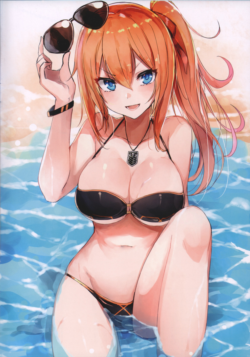 1girl absurdres bangs bikini black_bikini blue_eyes breasts cleavage collarbone day eyebrows_visible_through_hair girls_frontline halterneck hand_up highres huge_filesize jewelry kalina_(girls_frontline) knee_up large_breasts looking_at_viewer navel necklace oni-noboru open_mouth orange_hair outdoors partially_submerged ponytail scan shiny shiny_hair side_ponytail smile solo stomach sunglasses swimsuit tied_hair water wet