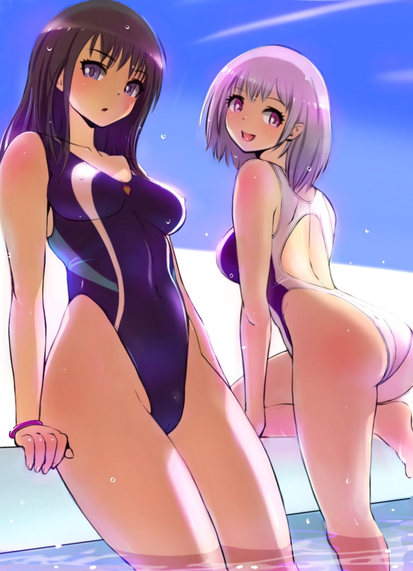 2girls black_hair blue_eyes blue_sky blue_swimsuit breasts collarbone commentary_request competition_swimsuit condensation_trail covered_navel cowboy_shot highleg highleg_swimsuit highres lavender_hair long_hair looking_at_viewer medium_breasts multiple_girls one-piece_swimsuit onsen_tengoku red_eyes shinjou_akane short_hair sky ssss.gridman standing swimsuit takarada_rikka white_swimsuit