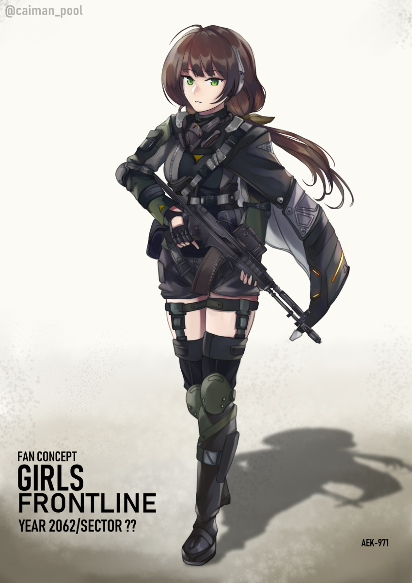 1girl absurdres aek-971 brown_hair caiman-pool fingerless_gloves girls_frontline gloves green_eyes gun highres holding holding_gun holding_weapon looking_at_viewer original shadow solo thighhighs trigger_discipline twintails twitter_username weapon white_background