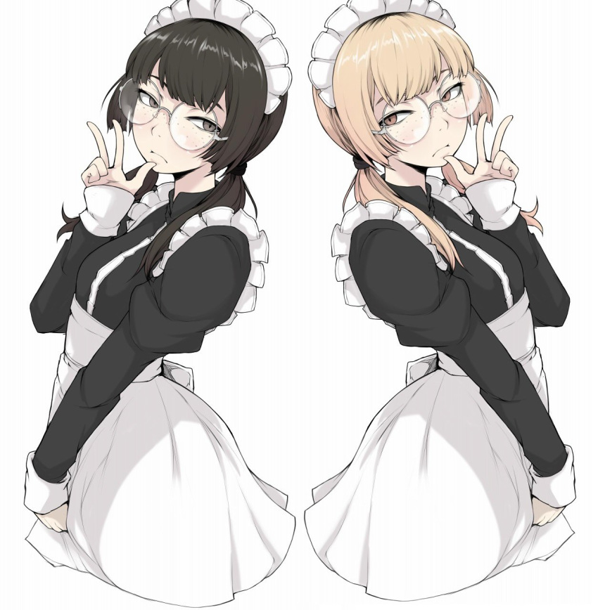 2girls blonde_hair brown_eyes brown_hair closed_mouth eyebrows freckles glasses highres ina_(gokihoihoi) long_hair long_sleeves looking_at_viewer low_twintails maid maid_headdress multiple_girls original simple_background twintails v white_background
