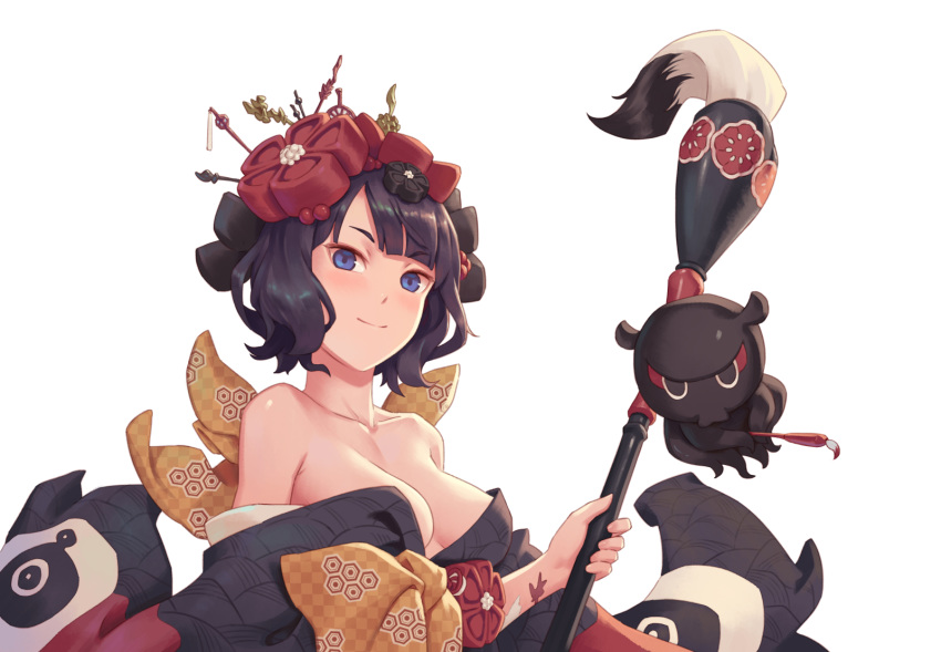 1girl bangs bigrbear black_kimono blue_eyes breasts calligraphy_brush cleavage eyebrows_visible_through_hair fate/grand_order fate_(series) hair_ornament hairpin highres holding holding_paintbrush ink japanese_clothes katsushika_hokusai_(fate/grand_order) kimono looking_at_viewer medium_breasts octopus paintbrush parted_bangs simple_background tokitarou_(fate/grand_order) white_background