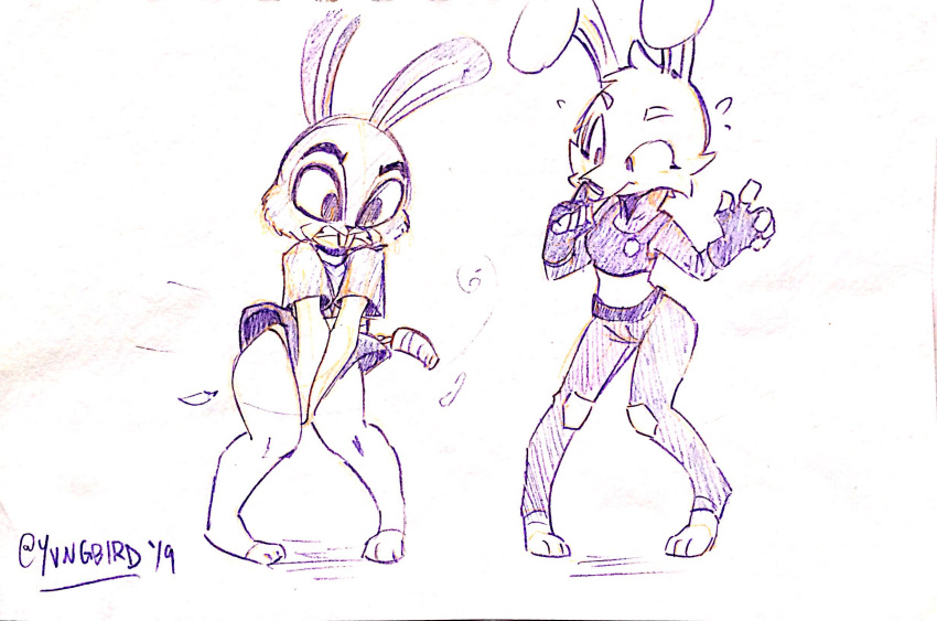 2019 3_toes alternate_costume anthro badge blush bottomwear clothed clothing clothing_swap confusion covering crossover disney duo embarrassed female fingerless_gloves fully_clothed gloves graphite_(artwork) handwear hi_res jill_hopkins judy_hopps lagomorph leporid line_art mammal melee_weapon miniskirt nunchaku panties pencil_(artwork) police_uniform rabbit shaded shirt sketch skirt standing thick_thighs toes toony topwear traditional_media_(artwork) underwear uniform weapon wind windy yvngbird zootopia