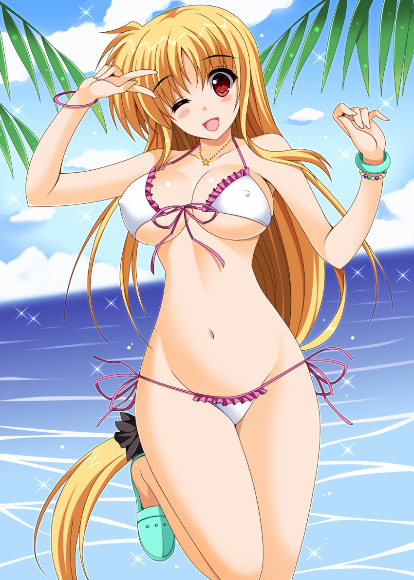 1girl beach bikini blonde_hair breasts collarbone commentary_request covered_nipples day fate_testarossa frilled_bikini frills front-tie_top groin highres horizon large_breasts long_hair low-tied_long_hair lyrical_nanoha mahou_shoujo_lyrical_nanoha_strikers navel ocean oda_ken'ichi one_eye_closed outdoors red_eyes side-tie_bikini smile solo sparkle standing standing_on_one_leg swimsuit water white_bikini