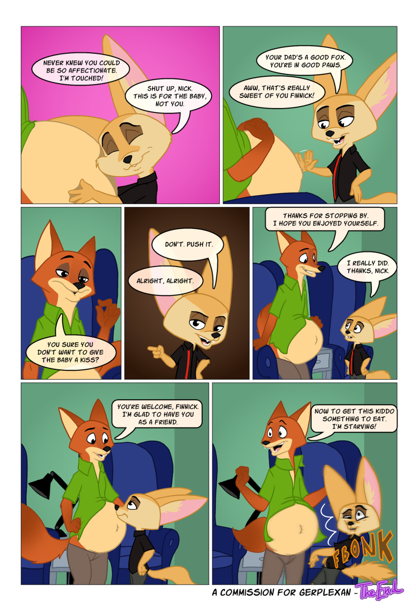 absurd_res anthro canid canine chair clothed clothing comic dialogue digital_media_(artwork) dipstick_ears dipstick_tail disney duo english_text finnick fox fur gerplexan hi_res male male_pregnancy mammal multicolored_ears multicolored_tail necktie nick_wilde orange_fur pregnant sirq smile text zootopia