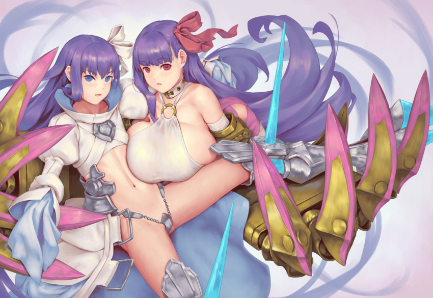 2girls armored_boots belt_collar bigrbear boots breasts claws collar crotch_plate eyebrows_visible_through_hair fate/grand_order fate_(series) gigantic_breasts hair_ribbon highres long_hair long_sleeves looking_at_viewer meltryllis multiple_girls navel o-ring o-ring_top passion_lip purple_hair red_ribbon revealing_clothes ribbon simple_background sleeves_past_wrists spiked_armor white_ribbon