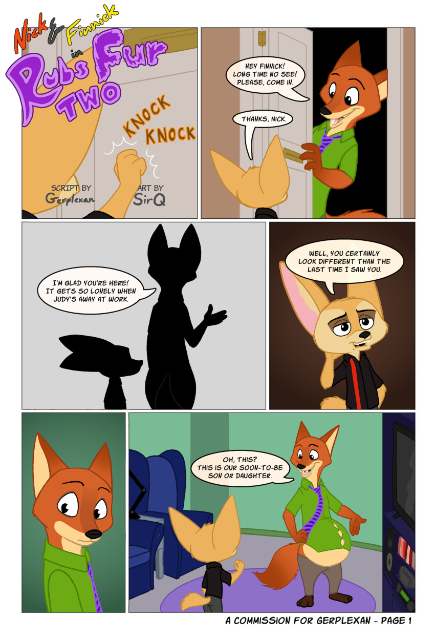 absurd_res anthro building canid canine chair clothed clothing comic dialogue digital_media_(artwork) dipstick_ears dipstick_tail disney duo english_text finnick fox fur gerplexan hi_res house male male_pregnancy mammal multicolored_ears multicolored_tail necktie nick_wilde orange_fur pregnant sirq smile text zootopia